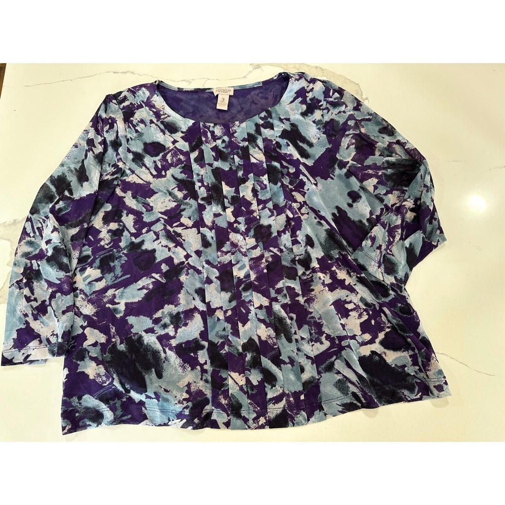 Easywear by Chico's Purple Blue Mesh Pleatedβ Front Abstract Print Top Size 3 XL